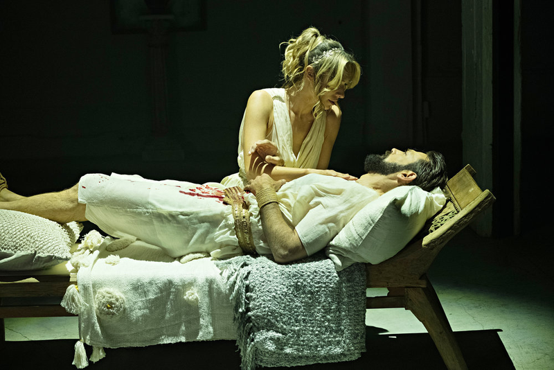 Calypso (Michaela McManus) watches as Prometheus (Georgie Daburas) dies.
